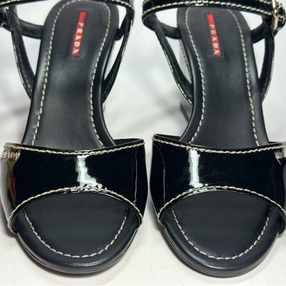 Prada Glossy Black Patent Leather Wedge Sandals Brand New In Box Size 40 /US 9.5 - Picture 5 of 11